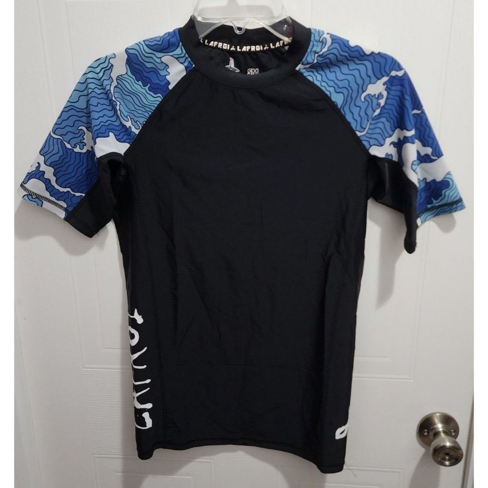 LAFROI Short Sleeve Rash Guard Base Layer Surf Men's Size Sm Blue Wave Print